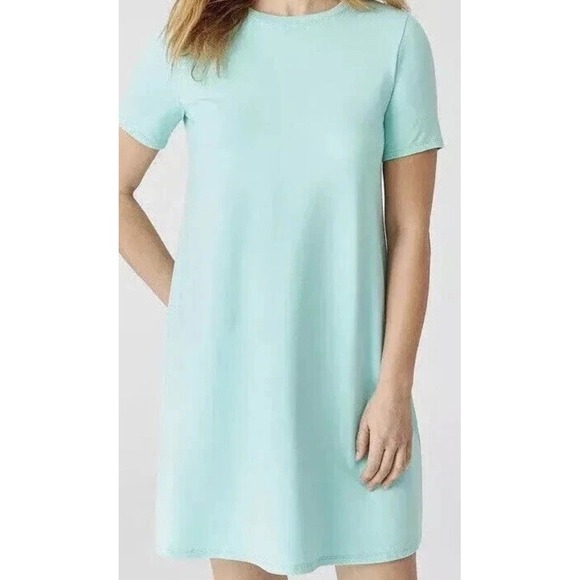 EILEEN FISHER Crew Neck T-Shirt Dress Women's L Aqua Blue Relaxed Fit Coastal - Picture 3 of 8